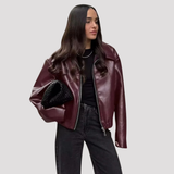Women's Faux Leather Collared Bomber Jacket