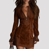 Embroidered Velvet Mini Dress with Zip Neck