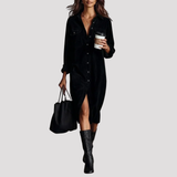 Button Front Velvet Shirt Midi Dress