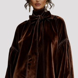 Bow Neck Velvet Mini Dress with Puff Sleeves