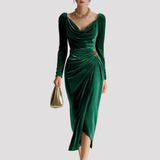 Draped Velvet Midi Dress with Long Sleeves