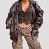 Women's Oversized Faux Leather Zip Up Bomber Jacket