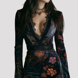 Floral Velvet Mini Dress with Lace Neckline