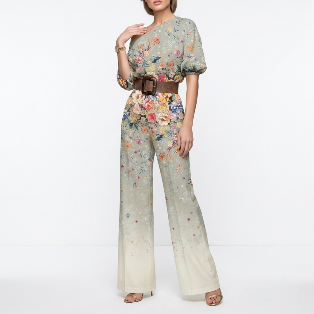 Women's One Shoulder Belted Jumpsuit - Draped Printed Design