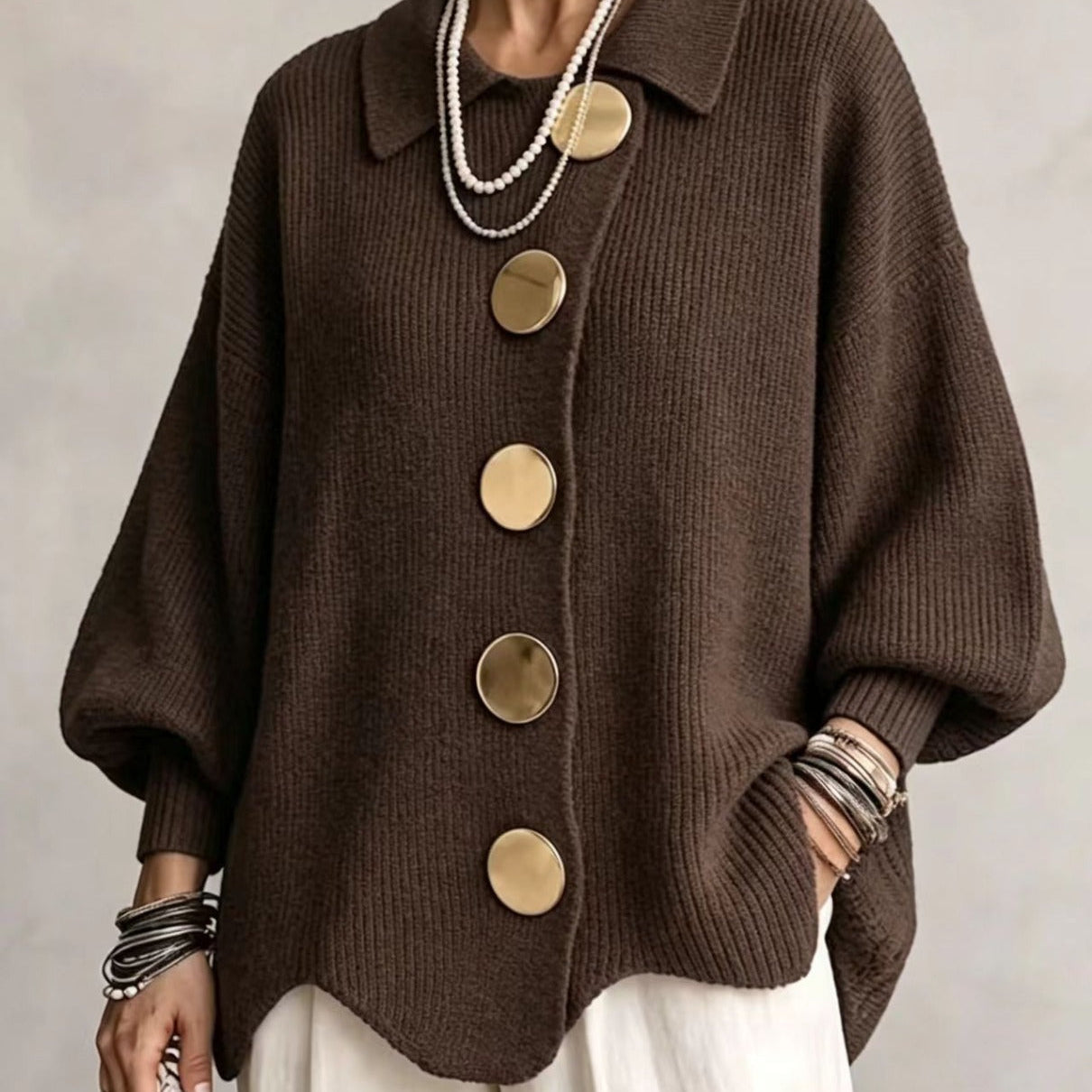 Oversized Collared Cardigan With Large Metal Buttons