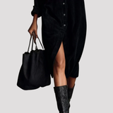 Button Front Velvet Shirt Midi Dress