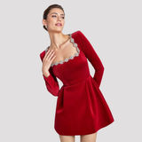 Square Neck Velvet Mini Dress with Crystal Trim