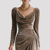 Draped Velvet Midi Dress with Long Sleeves