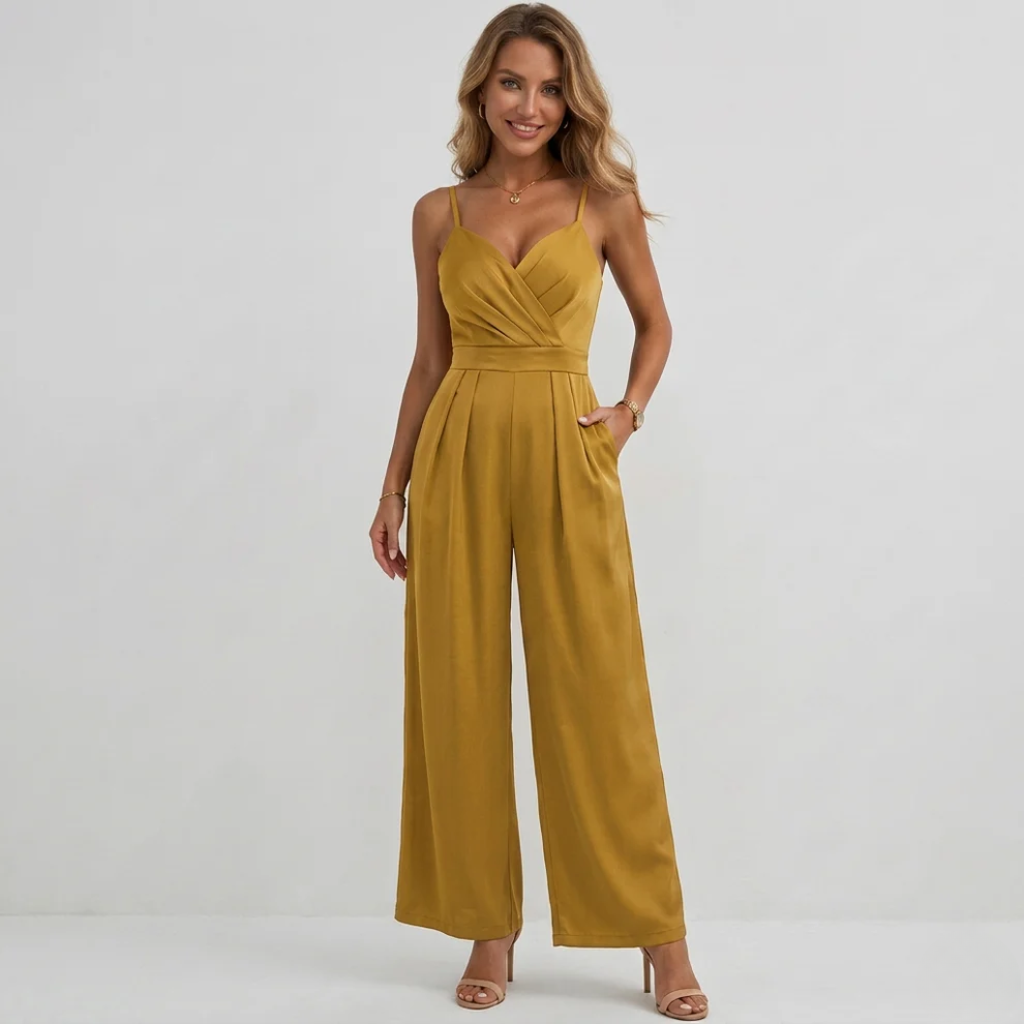 Women's High Waisted Spaghetti Strap Jumpsuit - Draped & Pleated