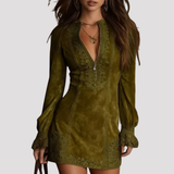 Embroidered Velvet Mini Dress with Zip Neck