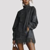 Fringe Hem Velvet Mini Dress with High Neck