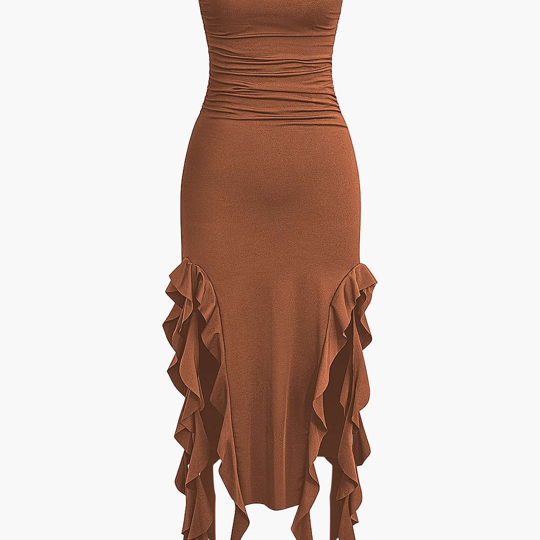 Strapless Fringe Hem Bodycon Midi Dress