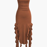 Strapless Fringe Hem Bodycon Midi Dress