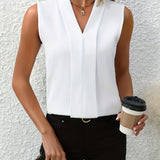 Women's V-Neck & Sleeveless Pleated Top - Matte Weave Finish