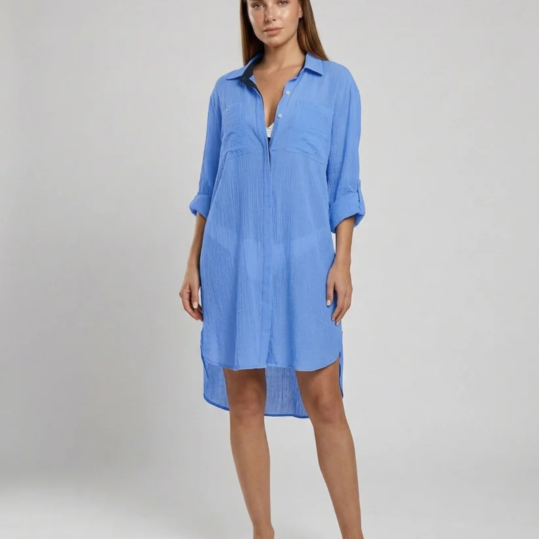 Women's Button-Down Cover-Up Mini Dress - Dual Chest Pockets