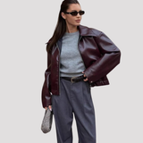 Women's Faux Leather Collared Bomber Jacket