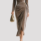 Draped Velvet Midi Dress with Long Sleeves