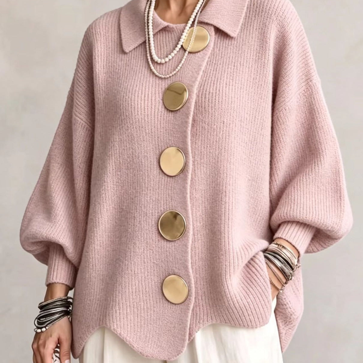 Oversized Collared Cardigan With Large Metal Buttons
