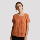 Women's Button Front Short Sleeve Linen Shirt