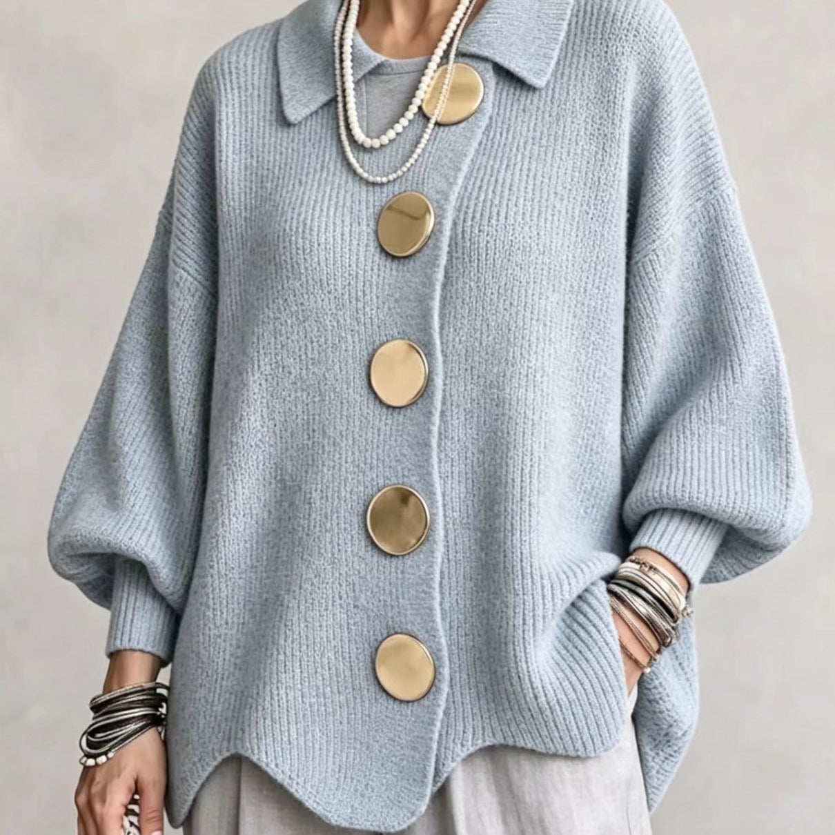 Oversized Collared Cardigan With Large Metal Buttons