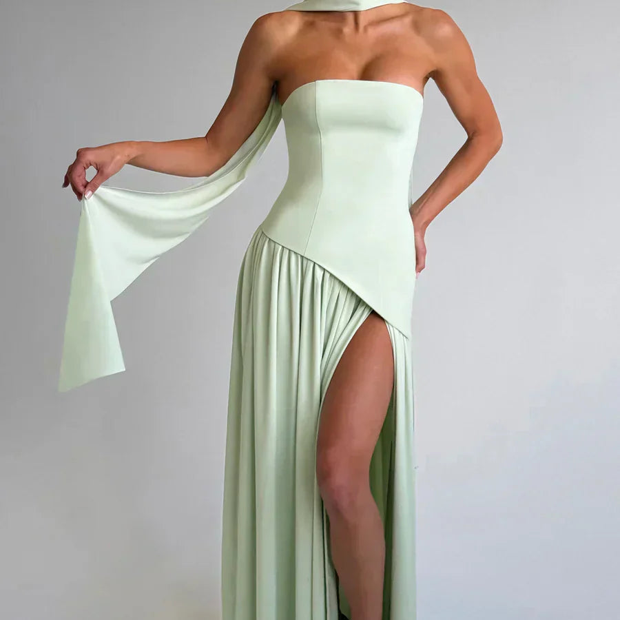 Strapless High Slit Maxi Dress with Asymmetric Hem