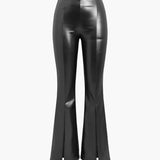 High-Waisted Faux Leather Flared Trousers with Front Slits