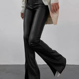 High-Waisted Faux Leather Flared Trousers with Front Slits
