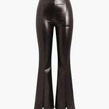High-Waisted Faux Leather Flared Trousers with Front Slits