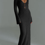 Knit Button Front Maxi Dress – Long Sleeve Elegant Lounge Dress