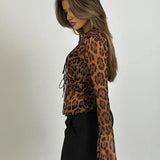 Sheer Leopard Print Long Sleeve Ruffle Tie Top