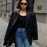 Oversized Faux Leather Blazer with Sharp Tailoring and Street-Chic Edge