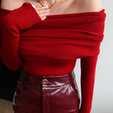 Elegant Off-Shoulder Knit Top – Sophisticated Fold-Over Sweater