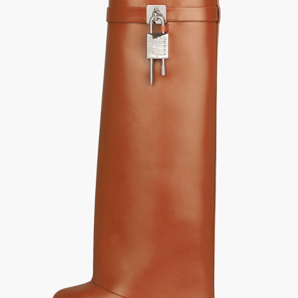 Sculptural Black Wedge Knee-High Boots in Glossy Finish