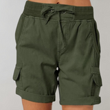 Women's High Waist Cargo Shorts - Ribbed Elastic Waistband
