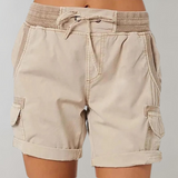 Women's High Waist Cargo Shorts - Ribbed Elastic Waistband