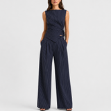 Women's Pinstripe Co Ord Set Wrap Top Wide Leg Trousers