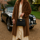 Structured Top Handle Leather Handbag with Gold Lock