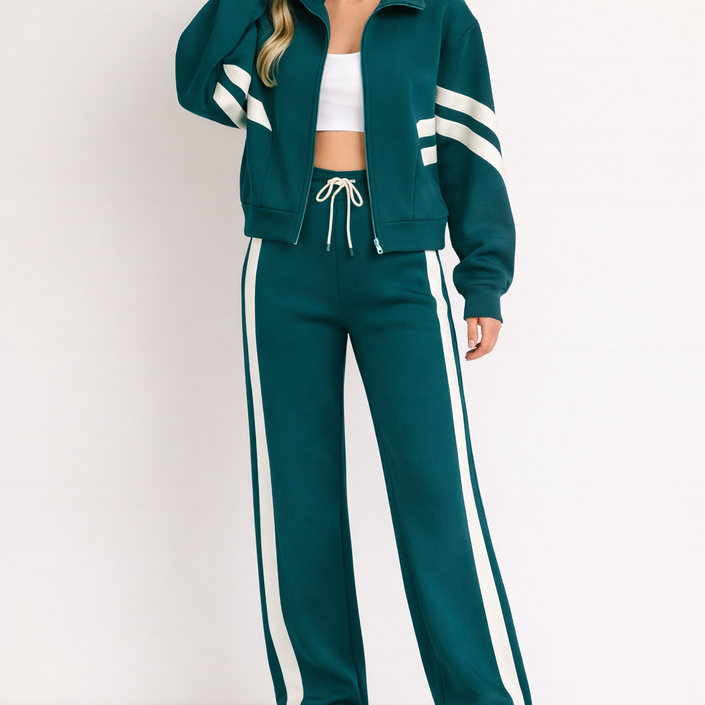 Women’s Tracksuit Set – Wide Leg Pants & Zip Jacket