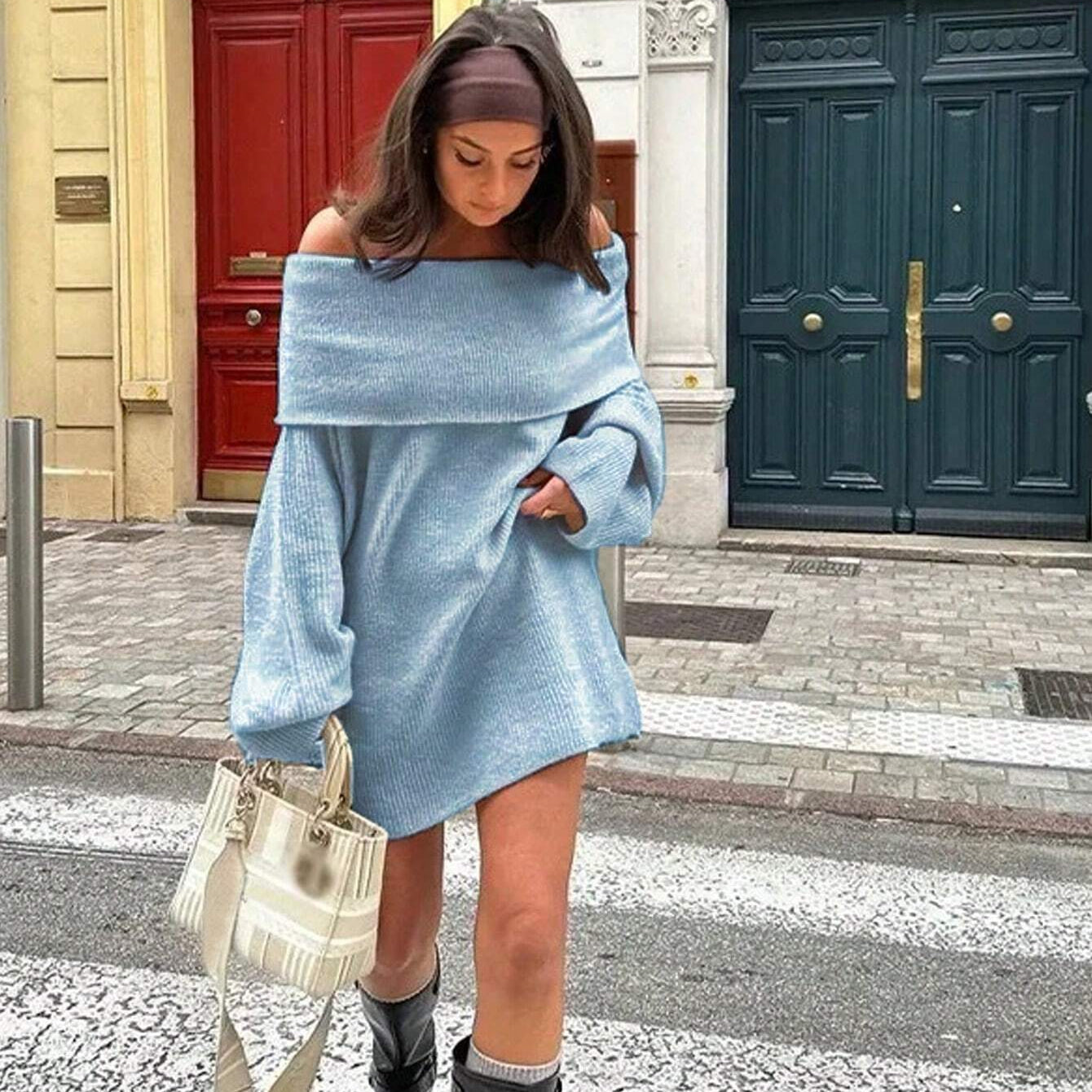 Off-Shoulder Ribbed Knit Top for Women – Elegant Fold-Over Neckline