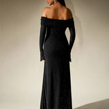 Off Shoulder Knit Maxi Dress – Elegant Fitted Evening Gown