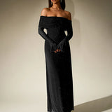 Off Shoulder Knit Maxi Dress – Elegant Fitted Evening Gown