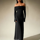 Off Shoulder Knit Maxi Dress – Elegant Fitted Evening Gown