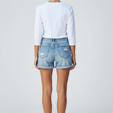 Women’s Denim Shorts with Distressed Surface and Fringe Hem