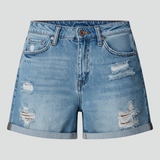 Women’s Denim Shorts with Distressed Surface and Fringe Hem