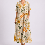Women's Floral Midi Dress with V-Neck and Short Sleeves