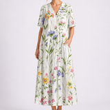 Women's Floral Midi Dress with V-Neck and Short Sleeves
