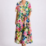 Women's Floral Midi Dress with V-Neck and Short Sleeves