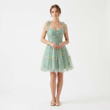 Women's Sleeveless Floral Embroidered Mini Dress - Layered Skirt Style