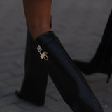 Sculptural Black Wedge Knee-High Boots in Glossy Finish