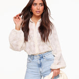 White Sheer Embroidered Floral Blouse with Balloon Sleeves